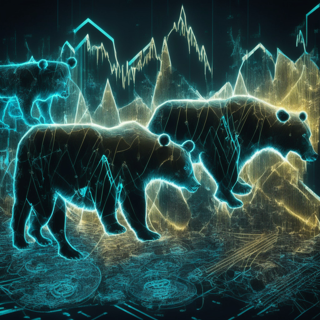 A detailed image of a graph depicting Bitcoin's fluctuations, overlaid with a surreal effect of morphing bears and bulls symbolizing bearish and bullish market trends. The scene is bathed in a cool, metallic light reflecting Bitcoin's digital nature, with soft rays symbolizing faint volatility. The mood is tensely anticipative, like the calm before a storm.