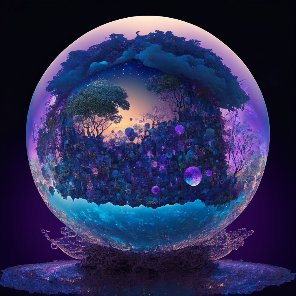 A digital representation of a fertile ecosystem encased in a clear sphere floating on a background of ever shifting fractal patterns emulating a bull market graph. The sphere's ecosystem represents the community and the resilience of Bitcoin. A magical twilight setting paints the scene with hues of purples and blues incorporating elements of the Baroque style emphasizing the drama of the market fluctuations. The image emits a sense of radiant optimism for Bitcoin's future, balancing delicate suspense and anticipation. No brand sign visible anywhere.