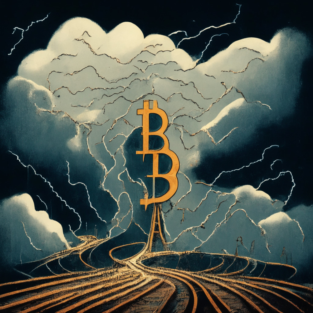 An atmospheric scene of a symbolic rollercoaster amidst thunderous skies, conveying a complex dance of turmoil and hope. The track is stylized as an undulating Bitcoin symbol, reflecting volatility and the imminent promise of growth. The rollercoaster is partially aloft, signifying Bitcoin's unstable yet upward journey. Miniature figurines of anxious investors grip the ride in fear as they traverse economic uncertainties, embodied by looming storm clouds. Towards the end of the track - a faint golden sunrise portrays the hopeful chance for Bitcoin's survival against the challenges, juxtaposing the fearful atmosphere. Rendered in a graphic novel style, the image amplifies the dramatic tension and emotions of the current Bitcoin market. The colours are predominantly cool and stormy with a warm, hopeful glow on the horizon, mirroring overall mood.