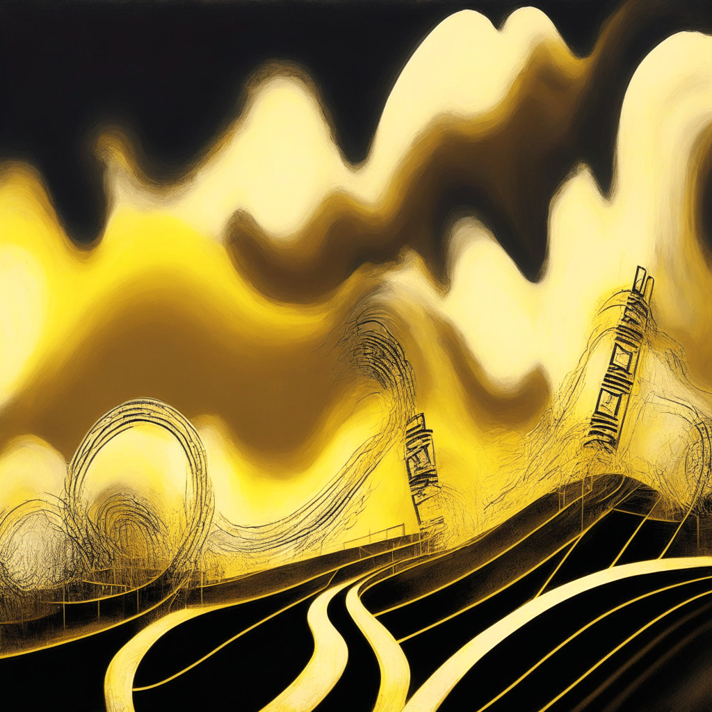 An abstract reconstruction of a roller coaster, with the tracks painted in varying shades of gold to represent bitcoin's price changes. Patchy clouds in the background signal volatility with their shifting patterns of light and dark. Picture should reflect an emotional turbulence portrayed through rough brush strokes and a chiaroscuro lighting technique, capturing both the highs and lows, optimism, and skepticism in the cryptocurrency market.