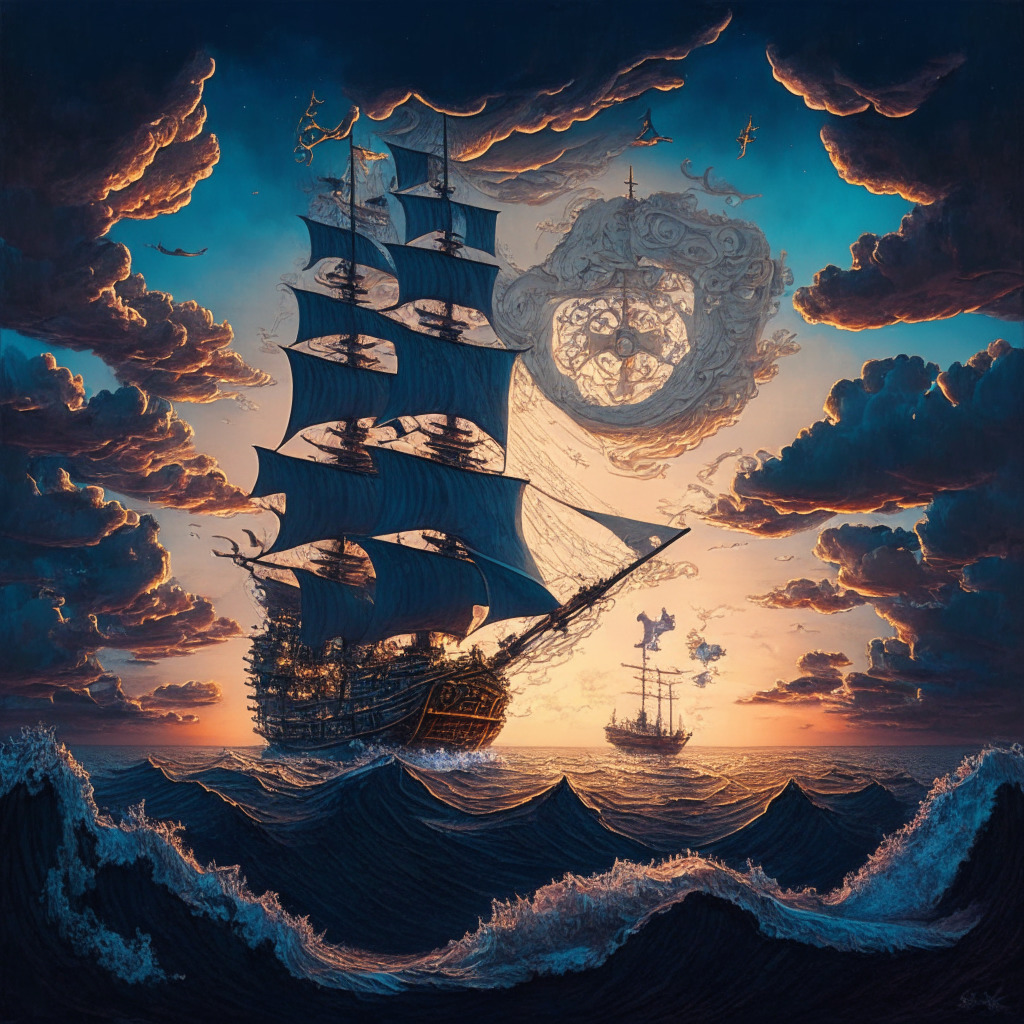 A grand nautical scene at twilight, with a intricately detailed ship representing Bitcoin navigating turbulent waters under stormy skies. The ship raises a flag, symbolizing AI innovation. On the horizon, hints of a sunrise, reflecting optimism and future growth. In the sky above, whispers of speculations manifest as ethereal figures. Mood: anticipatory, hopeful yet challenging.