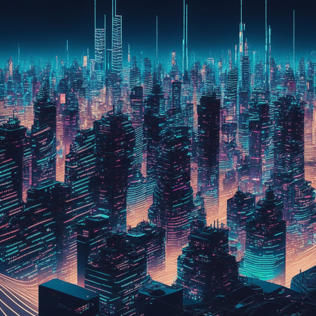 An intricate, futuristic Tokyo skyline at dusk, filled with abstract representations of blockchain networks, Web3 symbols, and digital waves emanating from the headquarters of various Japanese corporate titans, Sony being the most prominent. Use a sharp, futuristic artistic style and cool, electric hues to create a mood of anticipation and digital revolution. Illumination comes from neon city lights and luminescent digital waves.