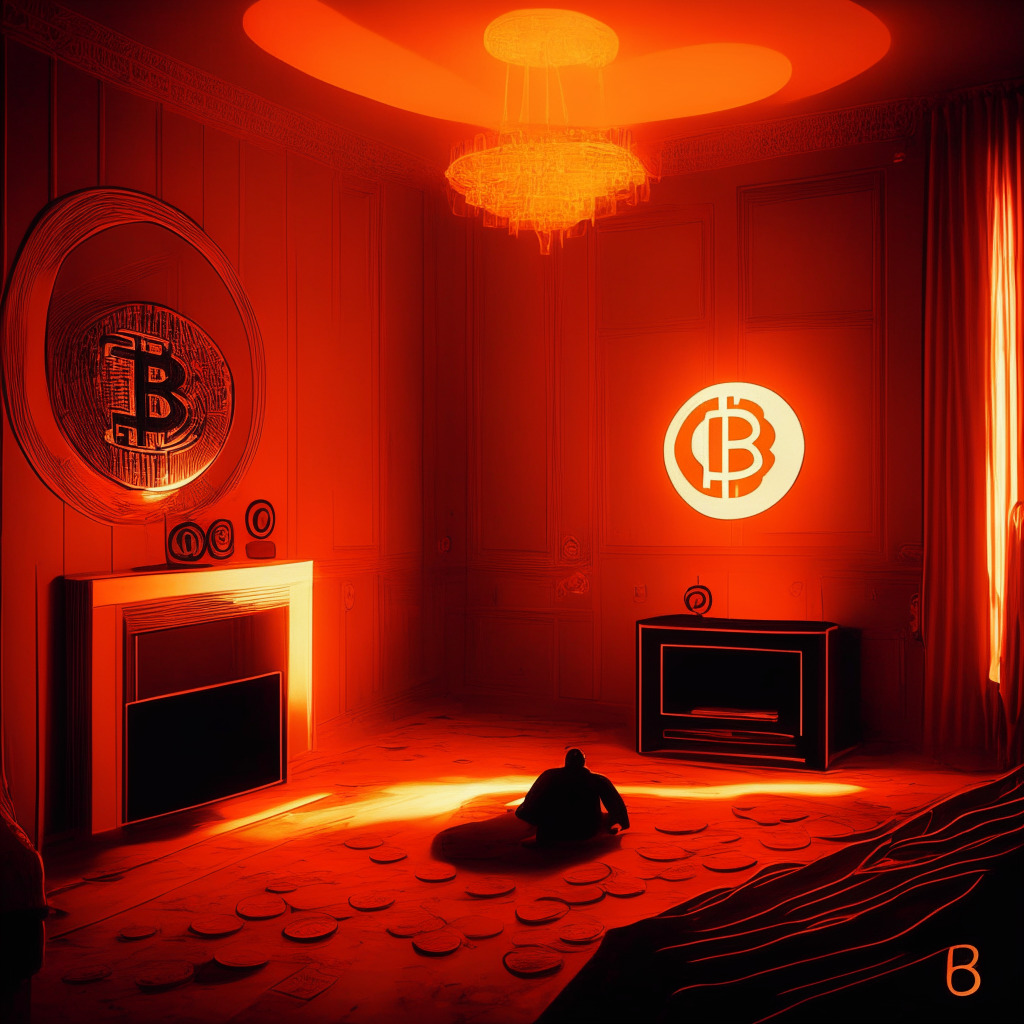 A luxurious room bathed in dim, warm amber light, Showcasing celebrity endorsements of a crypto exchange. Prominent figures like an F1 driver and an Olympic snowboarder are engaging in deep conversation, intricately examining shiny, glowing cryptocurrency symbols. Soft shadows of doubt mix with sparks of curiosity show the ambivalence they feel. In the corner, a television ominously shows a red, turbulent market graph, a symbol of potential risk.
