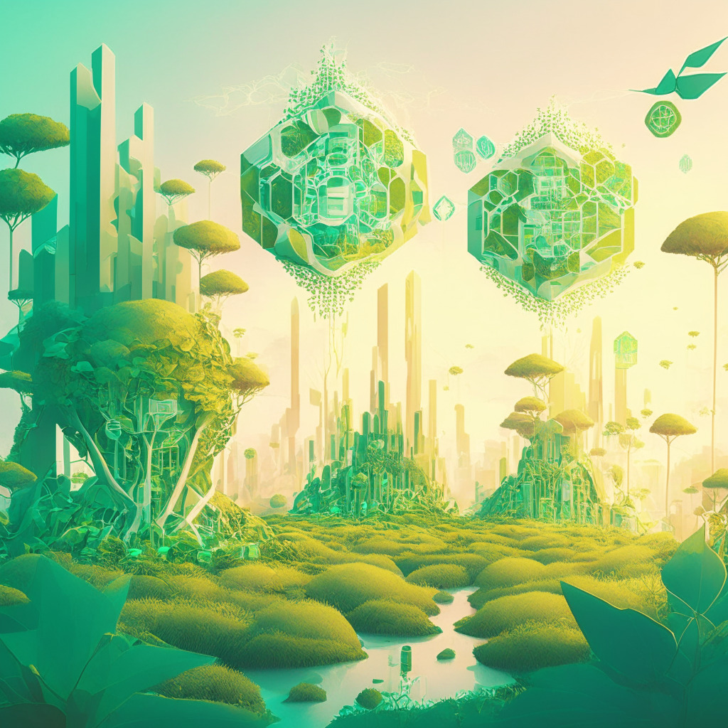 A futuristic digital landscape depicting a greening blockchain evolution, bathed in soft sunrise hues to signify positive change. Structures symbolizing proof-of-stake mechanisms, entwined with flourishing flora to symbolize carbon neutrality. Figures representing eco-activists and innovation, sparking life into the regenerative finance ecosystem. The image is filled with transparency, verification, and environmental responsibility, while the serene atmosphere indicates a shift towards sustainability and brightness despite impending climate threats.