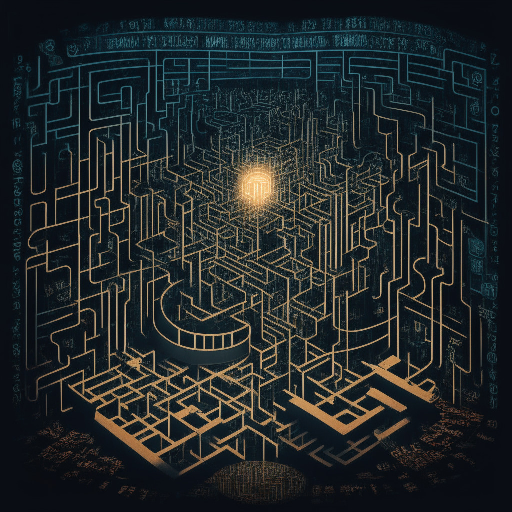 A complex maze representing the crypto legal struggles focused at its center, a criminal trial, with an oversized vintage calculator symbolizing technology limitation in judiciary processes. Rendered in semi-abstract style, the scene is illuminated by streaks of dramatic, contrasting lights, creating a mood of tension and challenging effort, a metaphor for navigating through legislative and technological barriers.
