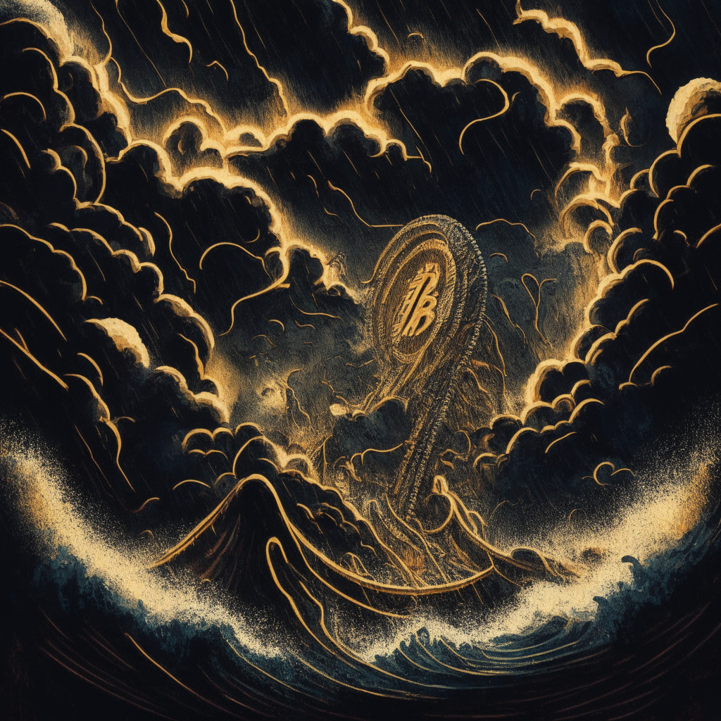 A roller coaster representing the treacherous journey of navigating cryptocurrency, swirling amidst stormy skies of inflation. Bitcoin appears fiercely gripping on. Style and mood - dramatic and intense, dominated by dark turbulent colours with sparks of golden light, reflecting the uncertainty and speculative nature of the subject, embossed by the air of risk and excitement. Light angles on the tumultuous ride, shadows defining the depth of turmoil.