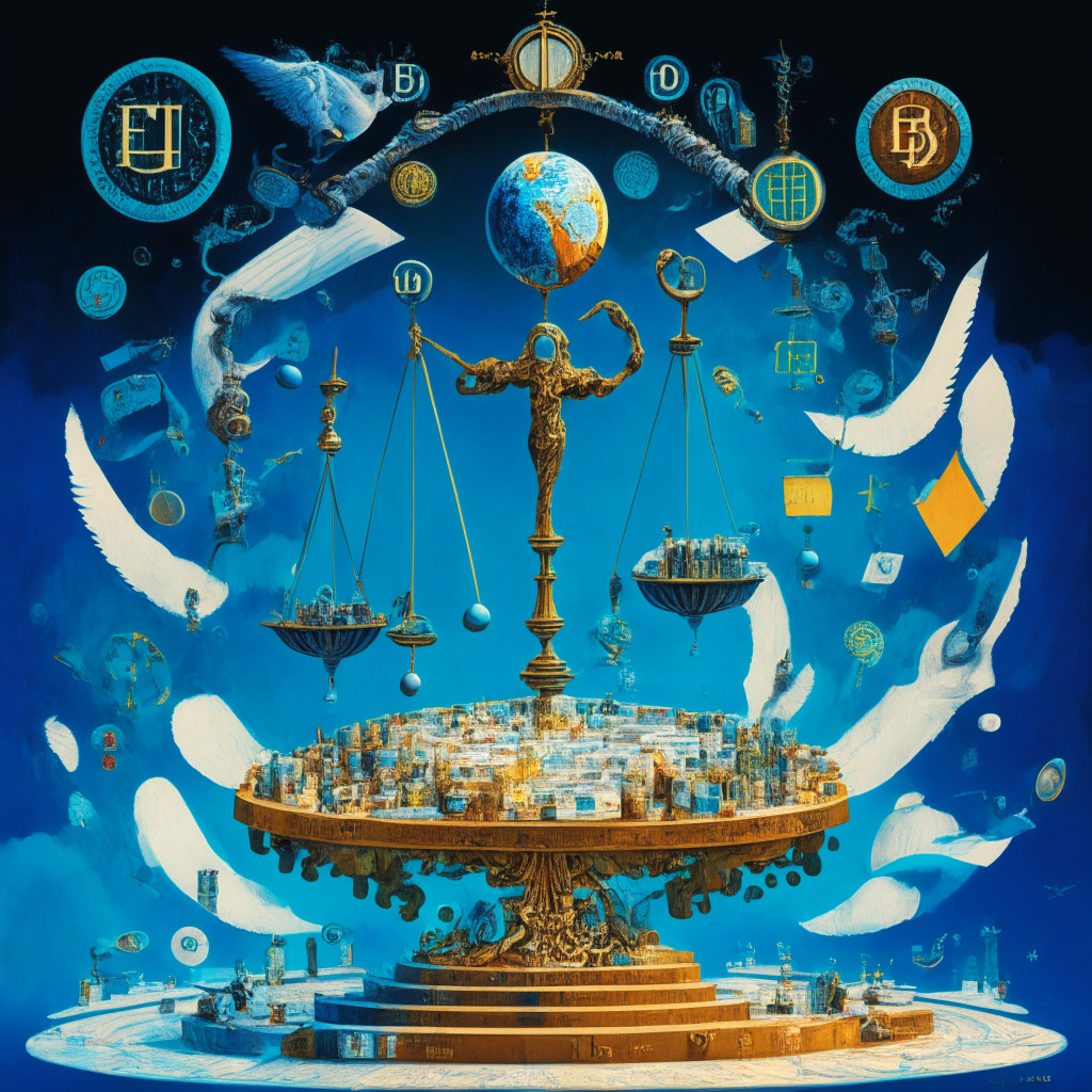 A surrealistic scene representing the chaos and balance of the crypto-market, amidst nations' regulatory structures. A large, ornate balance scale maintains equilibrium on a sea of binary code, bearing symbols of innovation (light bulb, gear) and regulation (gavel, shield). The scales stand beneath a sky subtly blending EU and non-EU colors, signifying their influence. The imagery is punctuated by a key, metaphorically hinting at the role of data privacy. The mood is tense, under a chiaroscuro lighting lending an air of suspense and apprehension.