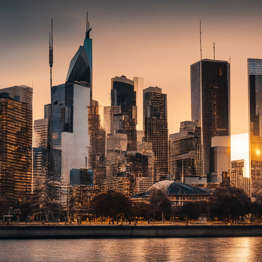 A dusky, bureaucratic cityscape featuring historic and modern architecture in Melbourne, Australia. The skyline cast in soft sunset hues, indicating a delicate situation brewing. Cryptocurrency and traditional finance elements like coins, banknotes, and a law book interweaving, symbolizing a complex regulatory dialogue. Mood conveyed is cautiously optimistic.