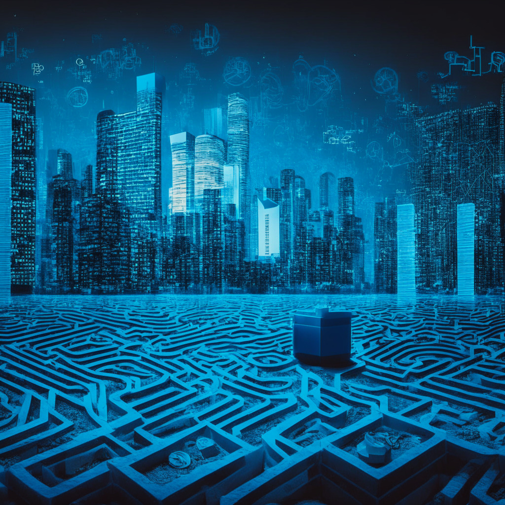 Twilight cityscape of Singapore with emphasis on financial district, warm ambient lighting. Transparent image of a maze overlaid, signifying 'navigating': cryptocurrency symbols subtly etched into the walls. A sandbox in the foreground with various financial tools half-buried, illuminated in cool blue, signalling 'caution'. Artistic style: realistic with slight surrealistic undertones, overall mood: cautiously optimistic.