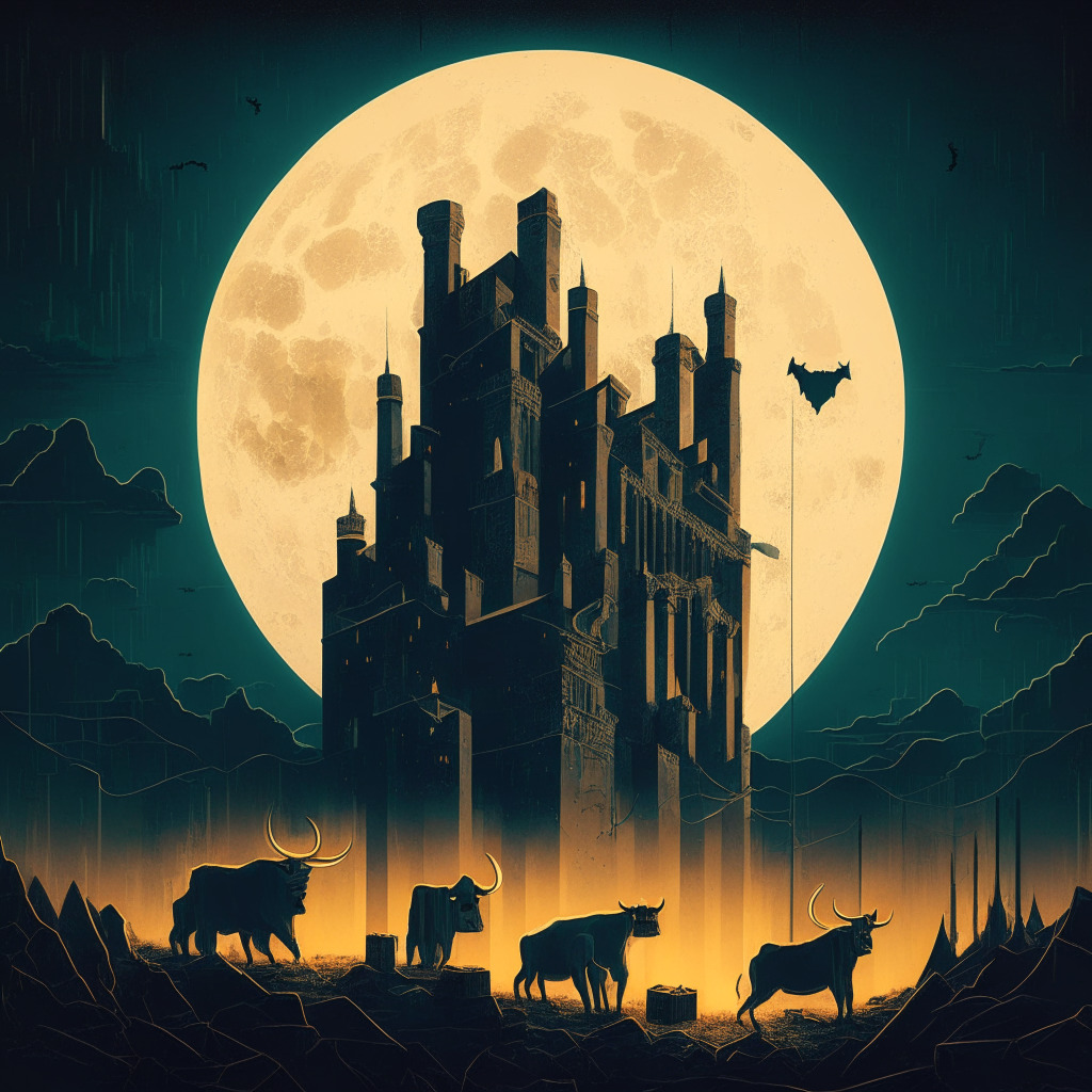 A vintage-style financial landscape at dusk, permeating an intriguing mood, where Bull and Bear spar beneath a dominant golden-moon embodying the US dollar strength. Bitcoin, Ethereum, Cardano, along with other cryptocurrencies, depicted as towering structures on the brink of collapse, backed by ghostly market graphs. Meanwhile, a fortress representing cryptocurrency platforms shows cracks implying vulnerability.
