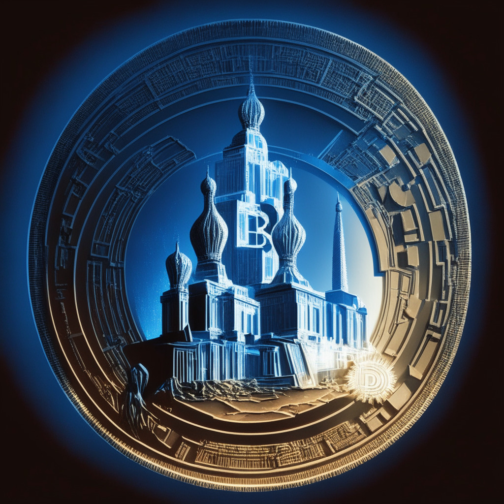 A digitalized version of a Russian ruble coin, contrasted against a dynamic, futuristic background representing the digital market. Highlight an imposing, prominent figure, representing the Central Bank, dictating financial rules. Bright light illuminates the token, symbolising hope and potential benefits. Yet, incorporate a shadow to depict the associated risks. Art style: neo-futurism. Mood: cautionary optimism.