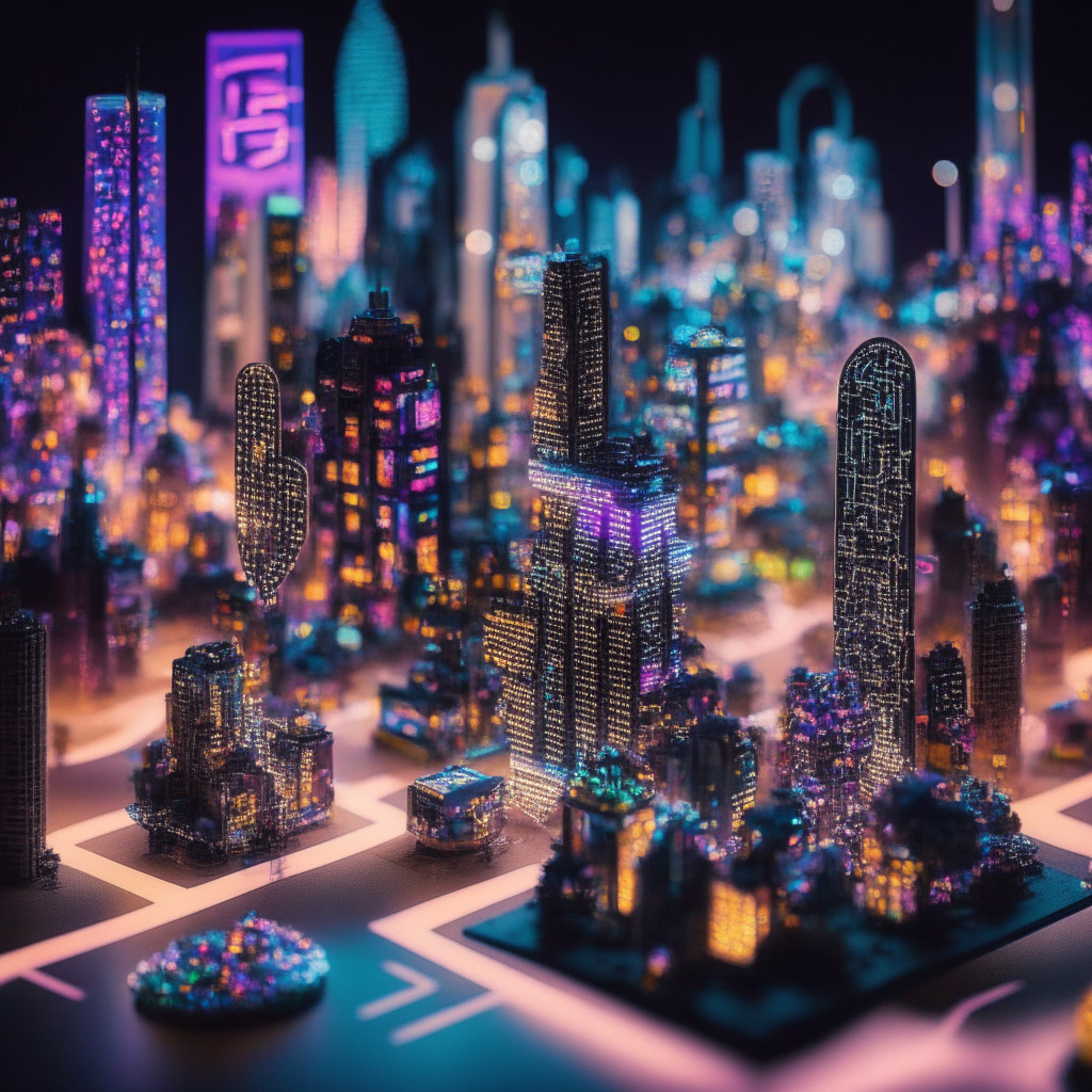 An intricate, vibrant cityscape of Tokyo infused with elements of blockchain, a trail winding through recognisable crypto symbols. The scene is suffused with a futuristic, technological glow casting a promising yet challenging aura. An Ethereum symbol hangs prominently, hinting at innovation whilst miniature figures interact, representing a networking event. Dimmed, soft lights give an impression of a transformative, late-night journey into the digital, financial frontier.
