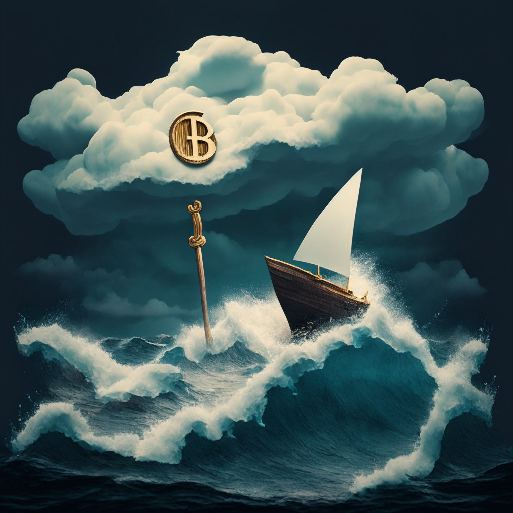 Churning sea under a stormy sky, symbolizing turbulence, An oversized wooden gavel striking a cryptocurrency coin submerged in the ocean, a floating anchored paper boat in the shape of SEC logo symbolizing assertion. Color palette inspired by classic baroque, dramatic low-key chiaroscuro lighting, emphasising a sense of confrontation, uncertainty.