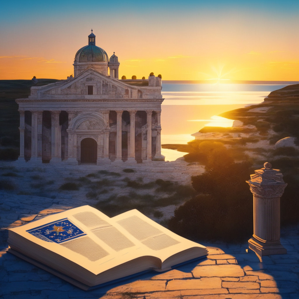 A picturesque Maltese landscape at sunset, dotted with traditional limestone buildings reflecting the waning sunlight. Prominent are symbolic representations of cryptocurrency and blockchain elements subtly woven into the architecture. In the foreground, an open law book signifies the shifting regulatory climate, with the EU flag subtly woven into its pages. It’s a romanticized, impressionistic scene, focusing on the bridging of traditional landscapes and futuristic finance, evoking an atmosphere of progress but also uncertainty.