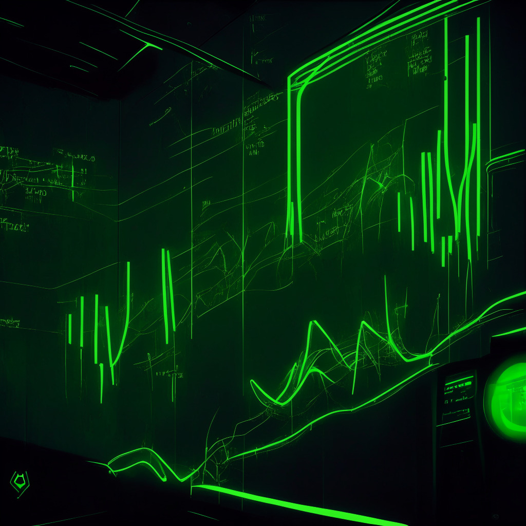 A digital scene in a cyberpunk style reflecting the volatile PEPE token's status. A luminous green line graph chart in a dark room, showing a sporadic movement that hints an unpredicted agility, oscillating between heights and lows. Lofty walls decorated with futuristic, abstract art symbolizing resistance zones. Sharpness of the light insinuates an undertone of risk and uncertainty in the crypto market. Mood: Ambiguity and anticipation.