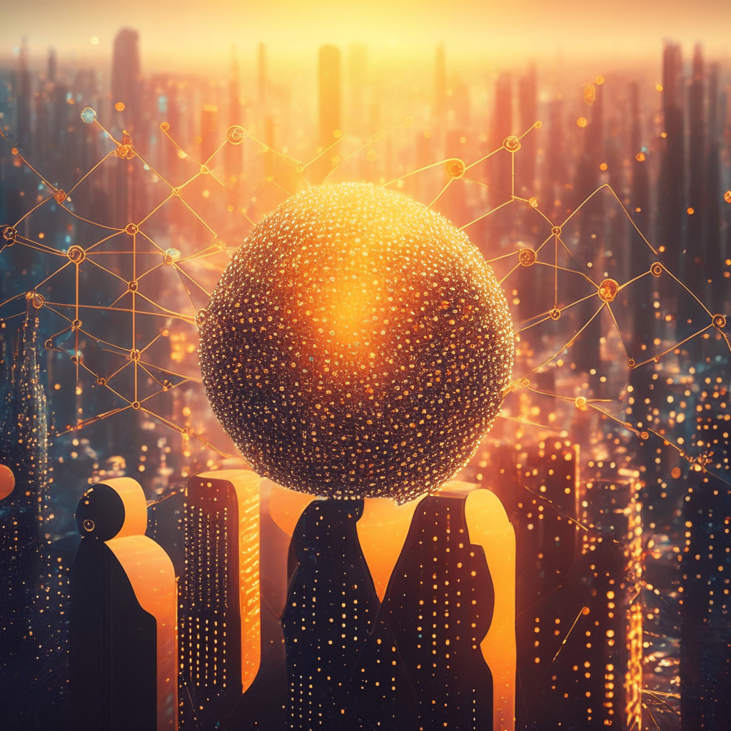 A futuristic vision of an intricately designed city with nodes to symbolize Polkadot 2.0's network. The city thrives, pulsating with energy, while 'elastic cores' are represented by flexible structures that adjust to nourish the city. The mood is radiant with a sunrise backlit stance to signify DOT tokens as foundation. An impressionistic style, the light is soft and magical symbolising potential growth.