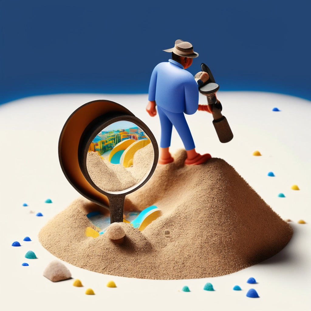 An image presenting a sandbox under a giant magnifying glass, symbolising Google's 'Privacy Sandbox'. The environment should be a bustling cityscape, echoing vibrant, nocturnal hues to illustrate the world of online advertising. The sandbox should be filled with miniature people and digital artifacts, metaphorically representing browser users and their data, respectively. The magnifying glass should convey a selective focus approach, implying the controlled tracking within the browser itself. The mood should lean towards a mysterious and investigative air, pointing towards scrutiny, while maintaining vivid color contrasts to signify the ongoing debates and dichotomy in the internet advertising landscape.
