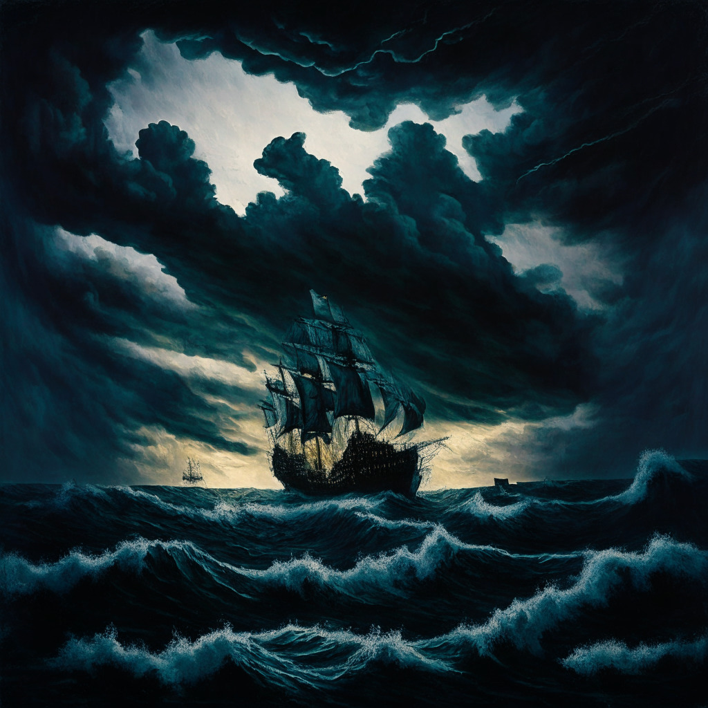 A turbulent seascape at twilight, representing the cryptocurrency market. High-ranking executives depart from a ship named 'Binance', a metaphor for resignations. Underneath, there is a shadowy maze, illustrating regulatory challenges. Above, looming dark storm clouds, representing conflict with global sanctions. The painting is in surrealistic style, capturing feelings of anticipation and uncertainty.