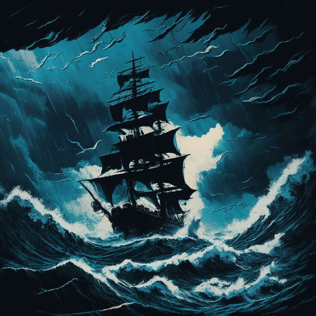 A stormy ocean with the silhouette of a ship representing Bybit, navigating through towering waves symbolizing strict regulations, under a stormy sky illustrating the harsh crypto business landscape, painted in a dynamic, expressionist style. The tense, dramatic atmosphere reflects the conflict noted in the story.