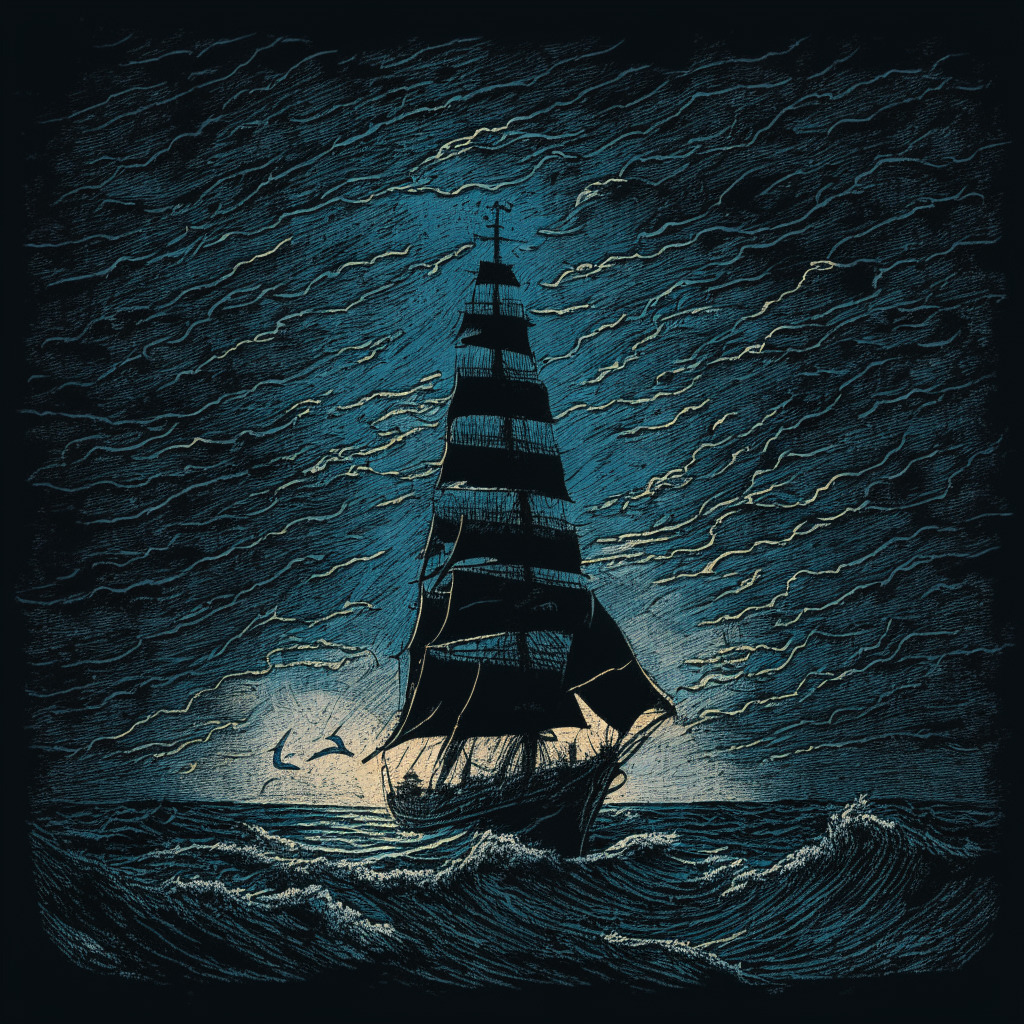 Stormy ocean under a twilight sky, symbolic of turbulent crypto markets, Large, antique sailing ship, representing a crypt exchange trying to navigate choppy waters. Fine etching style, Desolation and uncertainty blankets the scene, hinting at regulatory pressure. The sky moves from dark blue to dusky orange, shedding dim, eerie light on the scene. A distant, dimly lit lighthouse symbolizing hope amidst adversity.