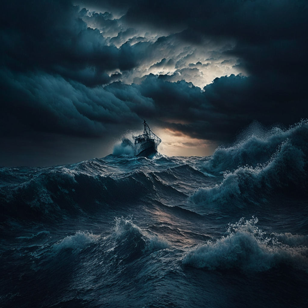 A dramatic stormy seascape at dusk, inspiring the feeling of navigating turbulent waters. A lone figure on a small boat amongst monstrous waves, embodying the struggles of the Curve Finance Founder. The sky, a rich tapestry of upheaval and turmoil punctuated by chiaroscuro lighting revealing the path to longevity, tempered by the harsh reality of vulnerability in the DeFi landscape.