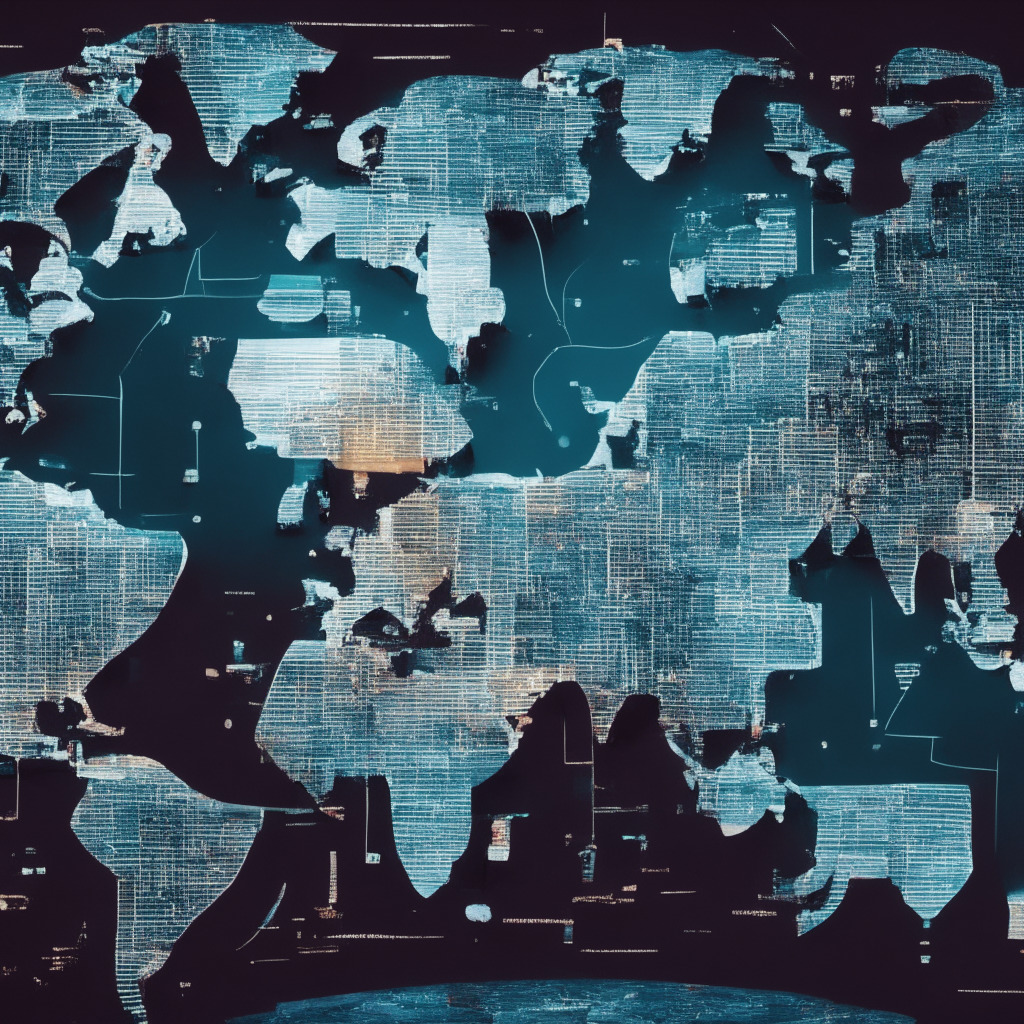 Abstract depiction of a global map, countries overlaid with patterns of distinct technology elements, USA highlighted. Foreground shows symbolic imagery of AI chips and cryptographic technologies, intertwined with bureaucratic paperwork suggesting regulatory frameworks. Ambient light bathes the scene conveying a sense of uncertainty, enforcing a somber mood. Make it painted in a digital, futuristic style.