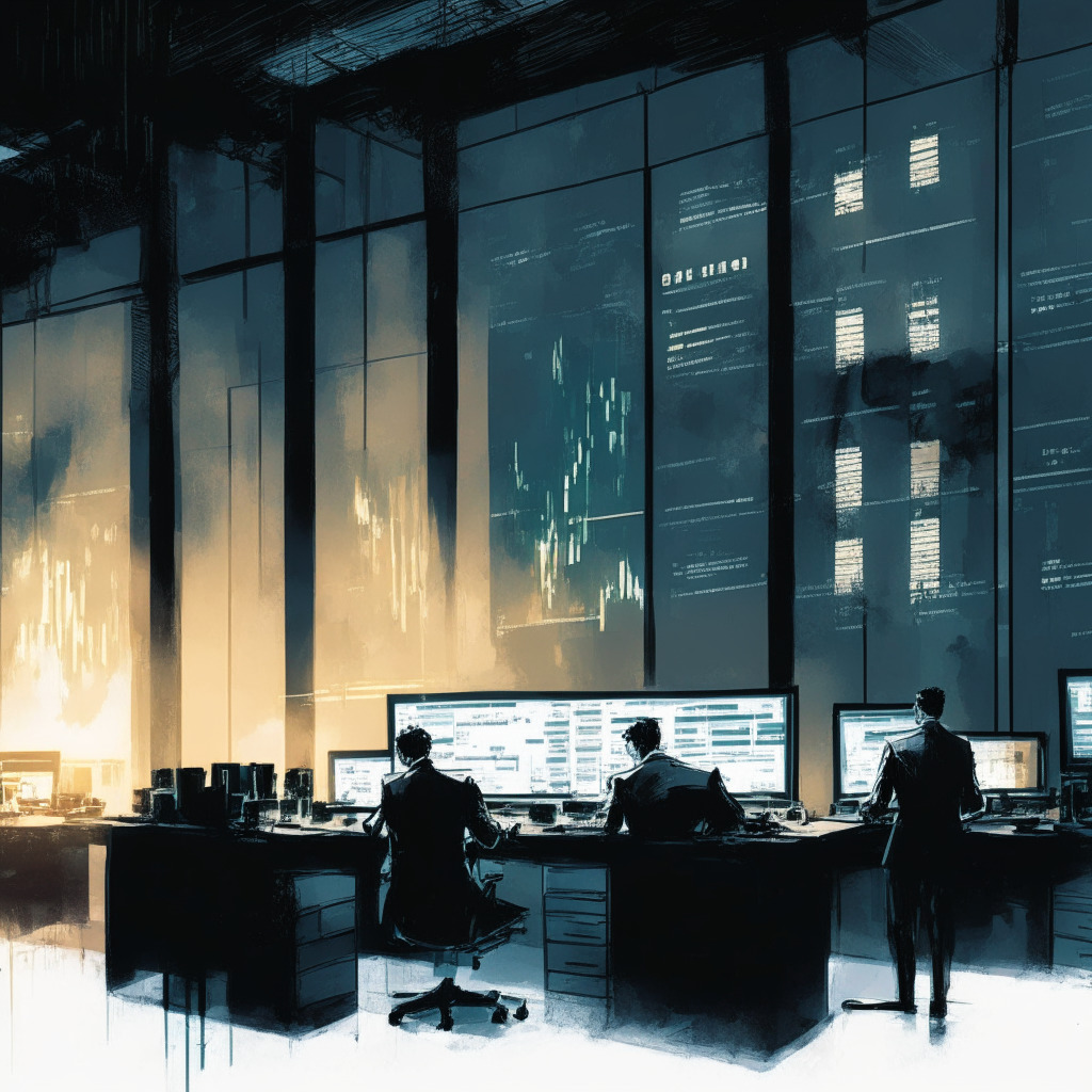 A stark contrast between a traditional stock market exchange and a crypto trading platform. A sleek, AI-driven command centre filled with glowing charts symbolizing Nasdaq's AI advancements. Against it, a desolate office representing Binance's stark departures, dimly lit conveying a gloomy atmosphere. A scale, depicting legal drama, hovers in the background. Delicate, watercolor style, subdued mood.