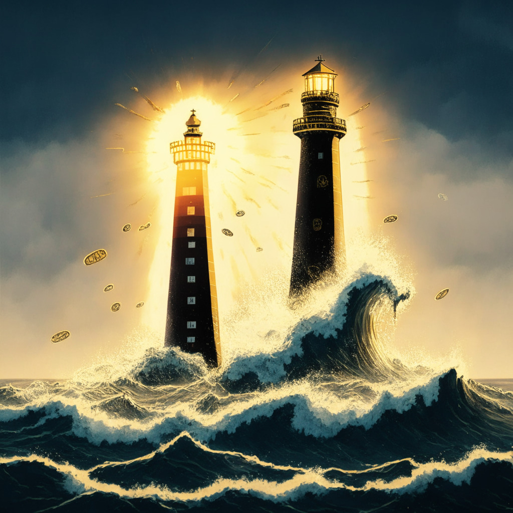 A turbulent financial landscape at dawn, with a towering wave of high US bond yields looming menacingly over a sinking ship representing the stock market. In the middle, a resilient Bitcoin icon as a lighthouse stands tall, bathing the scene in a soft golden glow. Despite the ominous sky, its light reflects a flicker of hope, emanating a steadiness amidst the tumultuous sea. An underlying sense of uncertainty permeates the atmosphere, punctuated by an air of potential optimism.