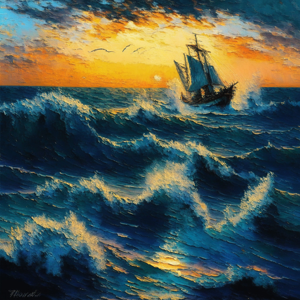 An ocean scene at sunset, using Impressionist painting style. The water represents a volatile market, waves rising and crashing around a boat named 'BCH' that's fighting to stay afloat near a buoy marked '$200'. In the distance, a sleek new ship named 'WSM' gleams, attracting a flurry of smaller boats. The mood is tense yet hopeful, tinged with the fiery hues of the setting sun.