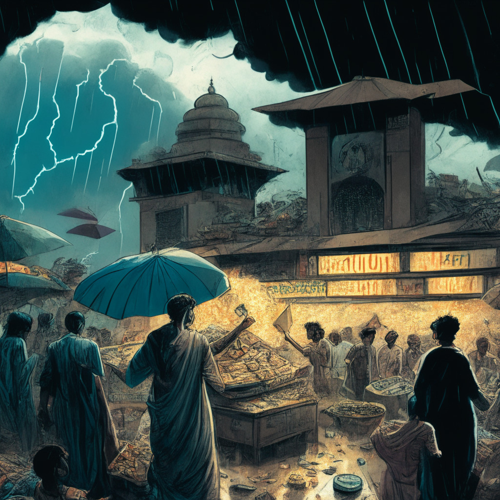 A chaotic market scene in an urban Indian setting under stormy sky, symbolic crypto-coin and broken kiosk representing Coinbase's troubled operations, wallet, and exchange service, sceptical figures depicting regulatory authorities, scattered digital coins symbolizing volatilemarket. Render in a blended Gothic-Neo expressionist style,maintain an ambivalent-worried mood.