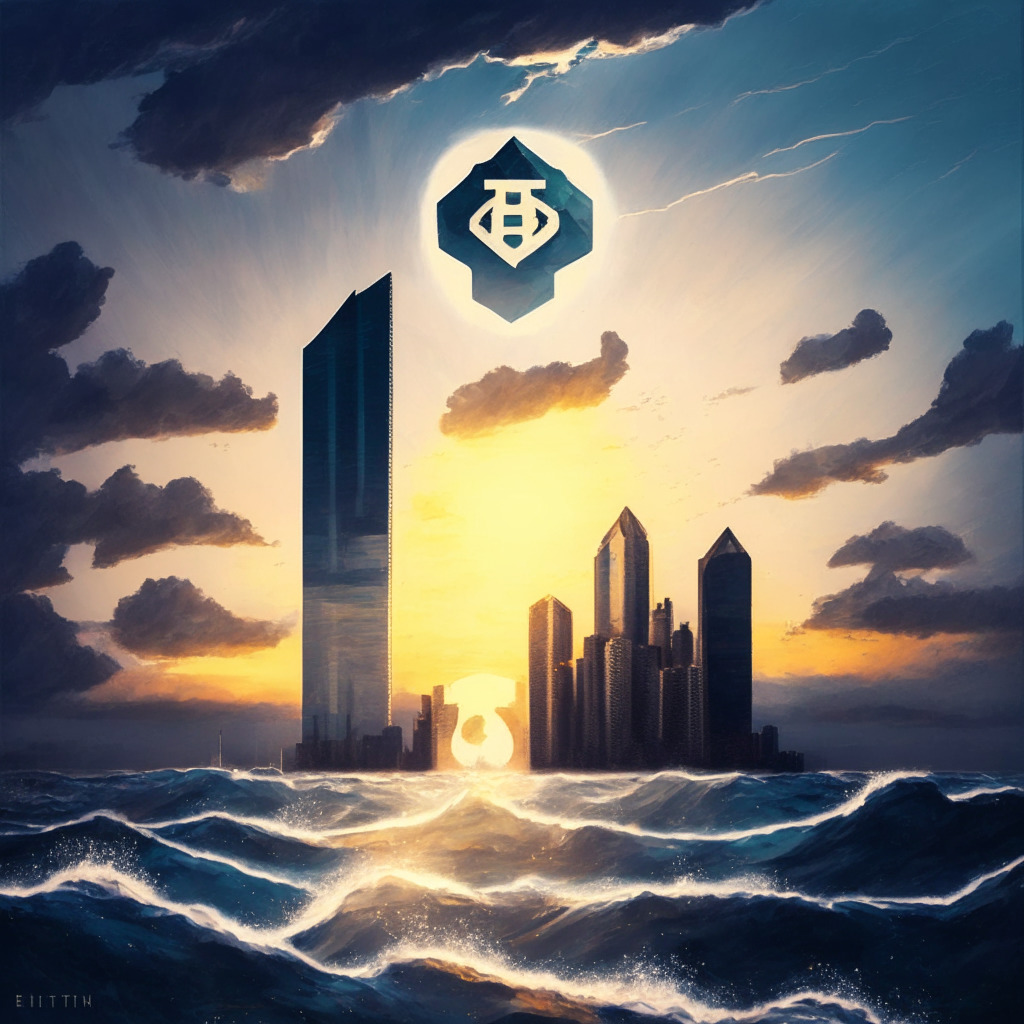 A turbulent ocean representing volatile finances, a rising ETH coin symbolizing Ethereum's recent recovery, on a skyscraper hinting at its potential to soar. The background at sunset signifies the future, with partial clouds illustrating uncertainties, in an Impressionist style, encapsulating the mood of cautious optimism.