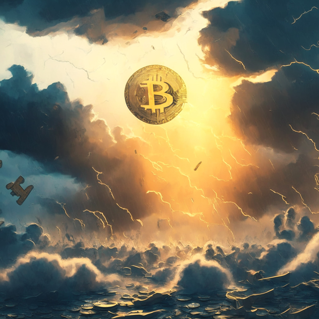 Chaotic cryptocurrency market under stormy skies, Bitcoin symbol crashing amidst swirling monetary winds, early morning light casting dramatic shadows, depicting volatility. In distance, hopeful sunrise symbolizing potential ETF approval, imbued with Impressionist style to evoke unease.