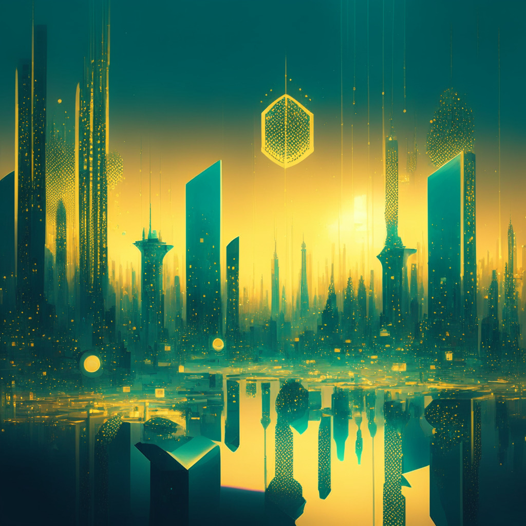 A futuristic cityscape at dusk with dominant shades of gold and teal representing Saudi Arabia's Vision 2030, glowing holographic projections of blockchain networks, dynamic silhouettes of younger population engaged in gaming sessions, supplemented by web3 motifs elegantly floating above. Mood: Optimistic and curious, Artistic style: Impressionistic surrealism.