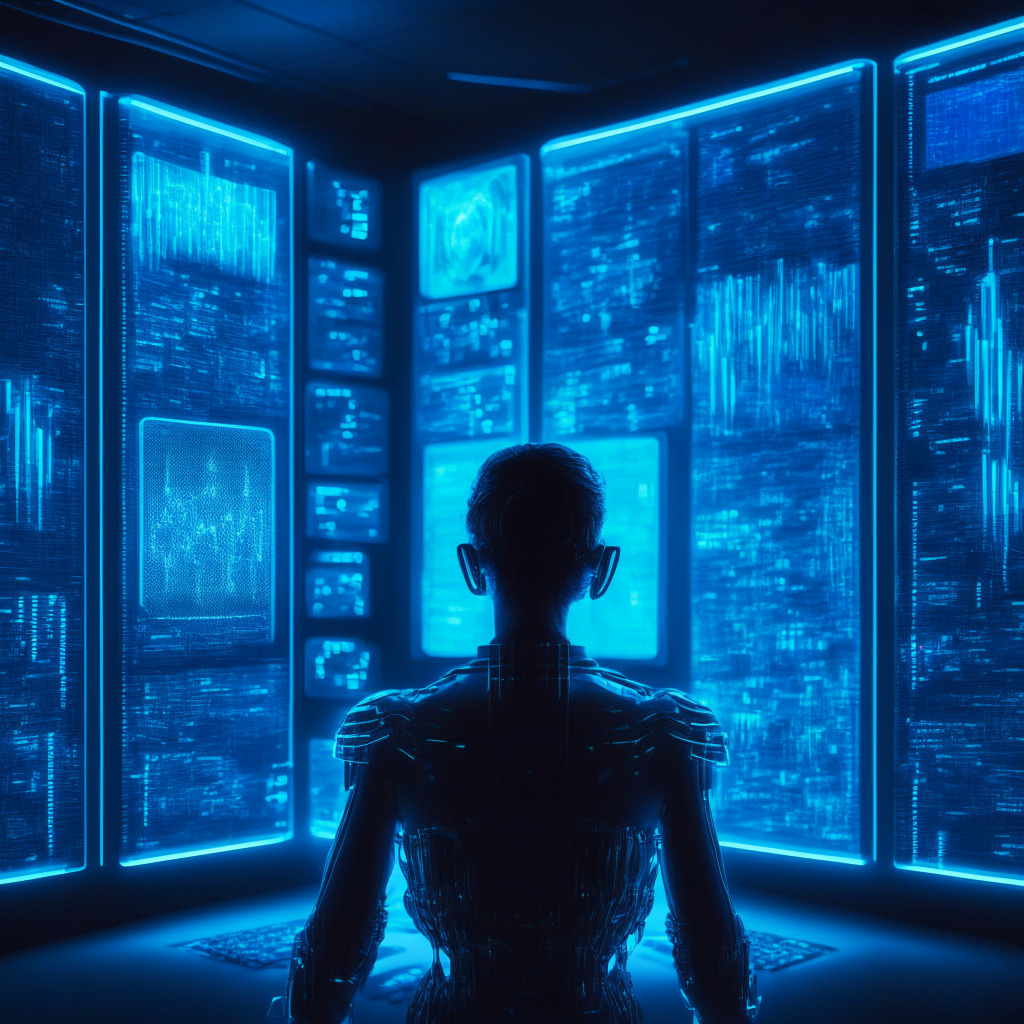 An AI-powered assistant inside a digitized futuristic command center, surrounded by holographic screens displaying fluctuating cryptocurrency market data. The AI, represented as a shimmering, ethereal figure, interacts with the data - studying, analyzing, forecasting. Room is illuminated with cool-toned neon blue light, reflecting AI's analytical demeanor. The background shimmers with code, creating a cyberspace ambience. Mood is contemplative, capturing the promise and challenges of AI innovation in cryptocurrency trading.