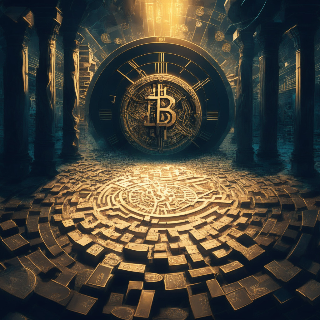 A complex maze in the middle of a vast, chaotic market, cryptocurrency coins scattered around, Bitcoin highlighted in the center, a large clock looming overhead signifying the wait and delay, figures moving dynamically representing volatility, further inside, alternative coins shining in the shadows, symbolizing diversification, an overall dynamic, and intense lighting evoking a sense of suspense and anticipation.