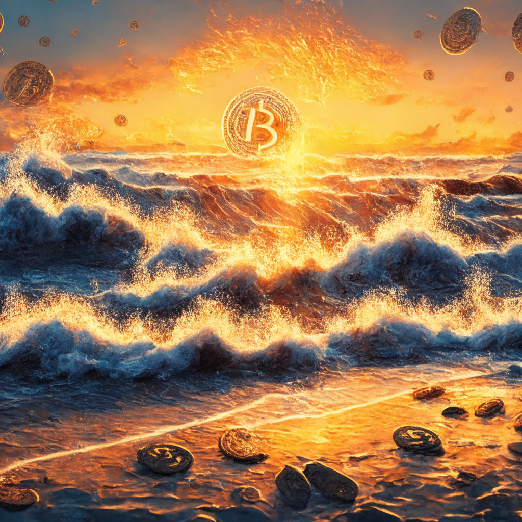Ocean during a fiery sunset, scattered Bitcoins like seashells upon the shore, reflecting the burning brilliance of the sun. The waves in the foreground depict the volatile motion of the crypto market, the beach representing a stable platform. In an impressionistic style, the atmosphere is filled with the excitement and apprehension surrounding the concept of risk and return in the Bitcoin market.