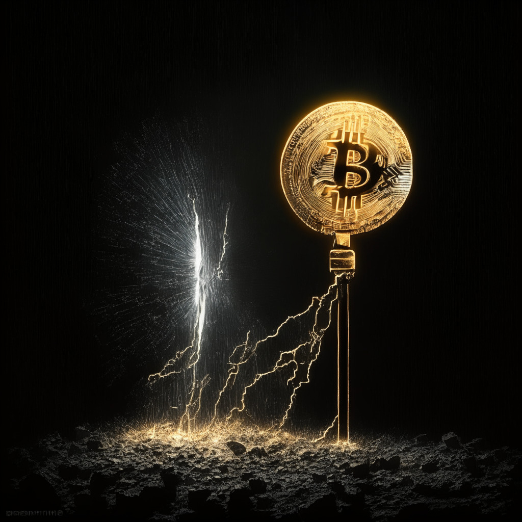 Bitcoin with a miner's pick-axe against a halved coin in darkness, symbolizing the looming 2024 halving event, light subtly illuminating from within the coin suggesting hope. A flare of uncertainty dictates the mood, abstract representation of world's top central banks in the periphery, subtle indications of fiat liquidity as spectral waves, backdrop of an obscured global financial landscape.