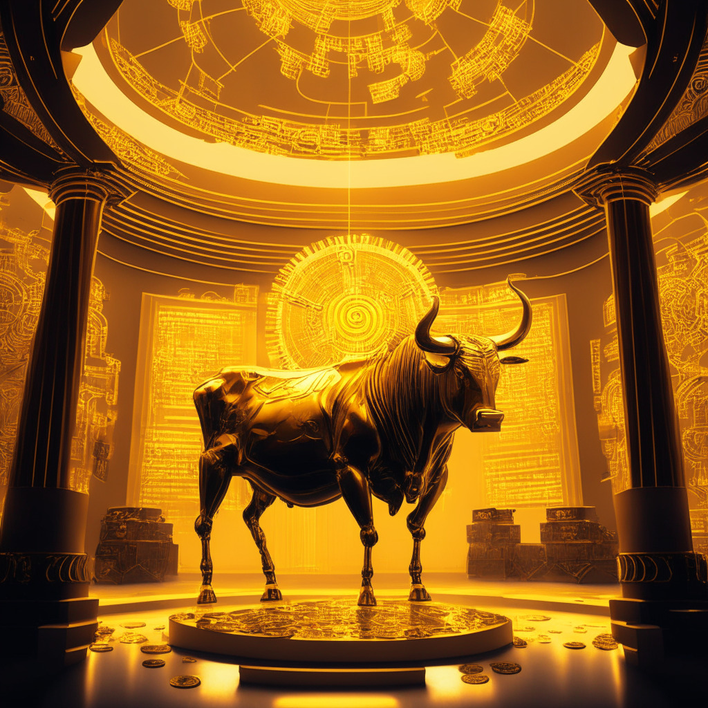 An elaborate digital coin exhibit in an opulent, futuristic exchange room bathed in radiant, golden optimism, yet tinged with cautionary amber undercurrents. A magnificent Bull standing resolute but attentive amid the luminance, gears and symbols indicating technical structures swirling around it. Variety of tokens, an illustration of market diversity, scattered purposefully. Ambience of change, innovation, and eager anticipation.