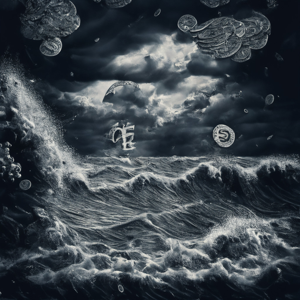 An intricate, turbulent ocean under a stormy sky, filled with symbols of digital coins, representing falling and rising waves. Black and white for clarity, shadows and highlights conveying a sense of struggle and uncertainty. The mood is suspenseful and dramatic, with a glimmer of hope on the horizon.