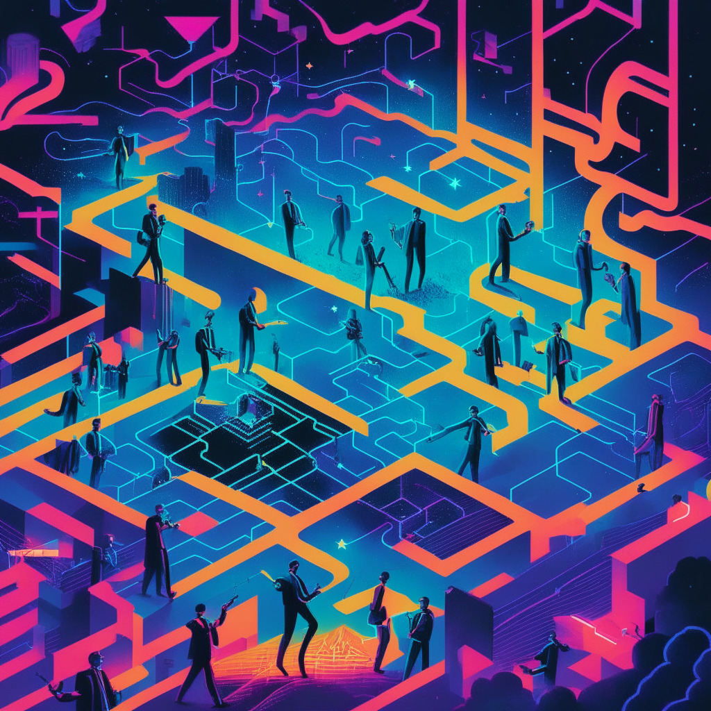 A complex scene of various Federal leaders traversing through a vibrant, neon-lit blockchain labyrinth under a dusky sky, communicating with each other while studying a digital map to navigate uncharted territories. The sky above shimmers with digital stars hinting at the mood of cautious optimism. The scene possesses an abstract, futuristic Cubist style to represent the ramified regulatory landscape and intricate dynamics at play. The light casts long, contrasting shadows emphasizing the uncertainties ahead yet also the potential. Overall, the depiction showcases the intersection of technology and policy in the world of cryptocurrency.