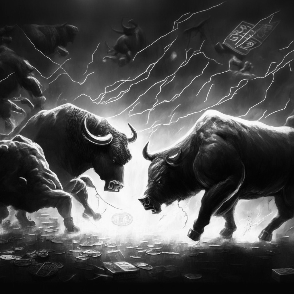A chaotic financial tug-of-war scene, bull and bear involved in an intense struggle, bleak grayscale tones symbolizing the volatility of cryptocurrencies, dim, ominous lighting setting the mood, shadowy figures of Bitcoin, Ethereum, Binance Coin, XRP, Cardano, and Dogecoin in the background, each showing signs of struggle or resilience.