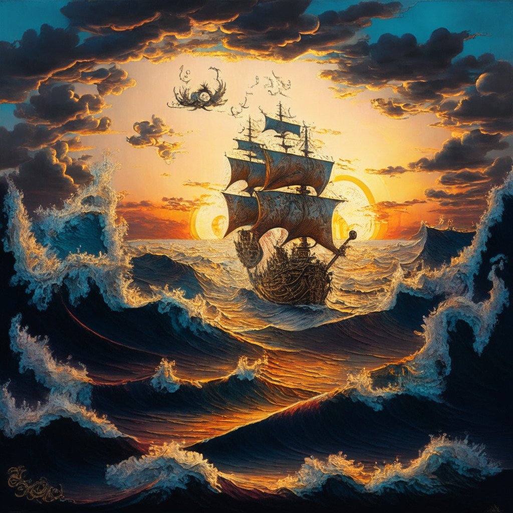 A grandiose baroque style scene, portraying a turbulent ocean at sunset, dominated by bullish waves signifying resilience and a recovery rally. An old ship navigates the bullish tides, symbolizing XRP, its sails imbued with hues of a golden 47.7% markup. On the horizon, two landforms, bathed in the gloomy, soft light of uncertainty - their shapes mimicking US and China economic landscapes. A touch of optimism in the form of unexpected troves of treasure, embodying attractive new investment opportunities with presale tokens - designed as heaps of gleaming coins in a delicate fusion of old and new artistic elements.