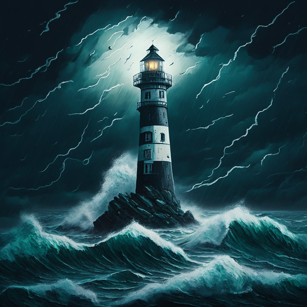 A stormy financial ocean under a dusky sky, prominent cryptocurrencies like Bitcoin and Ethereum sinking like sunken ships, washed away by waves of regulation. A lighthouse in the distance represents the potential Bitcoin ETF, it's beacon a ray of hope amidst uncertainty. Artistic style is somber and moody, capturing the tension and uncertainty of a volatile market's future.