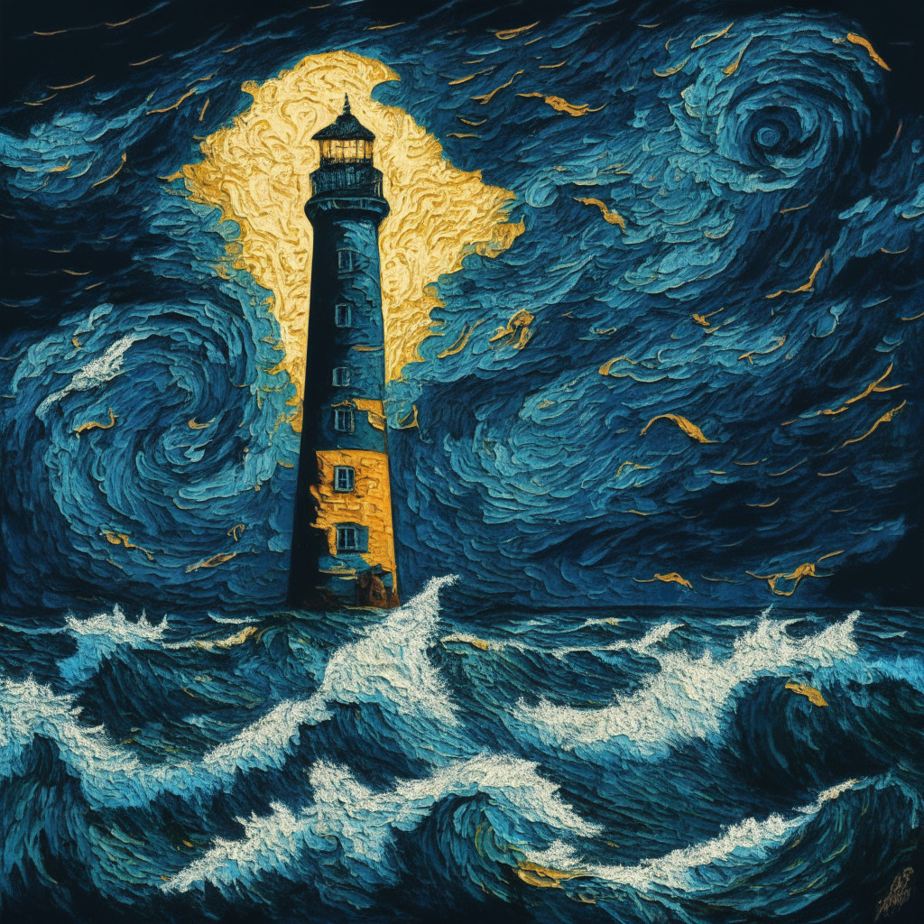 A swirling sea under a stormy sky representing the turbulent bitcoin market, ocean waves crashing around a lone lighthouse symbolizing resilience amidst chaos. Touches of Van Gogh's post-impressionist style, with the vivacious use of contrasting, bold colors. Predominant hues of deep blues, grays, and sudden outbursts of warm yellows and oranges to hint at the volatility and subtly convey optimism. Hidden symbols of crypto coins scattered, hinting at the narrative of crypto exchanges and market dynamics. A striking, powerful mood with undertones of anticipation and risk.