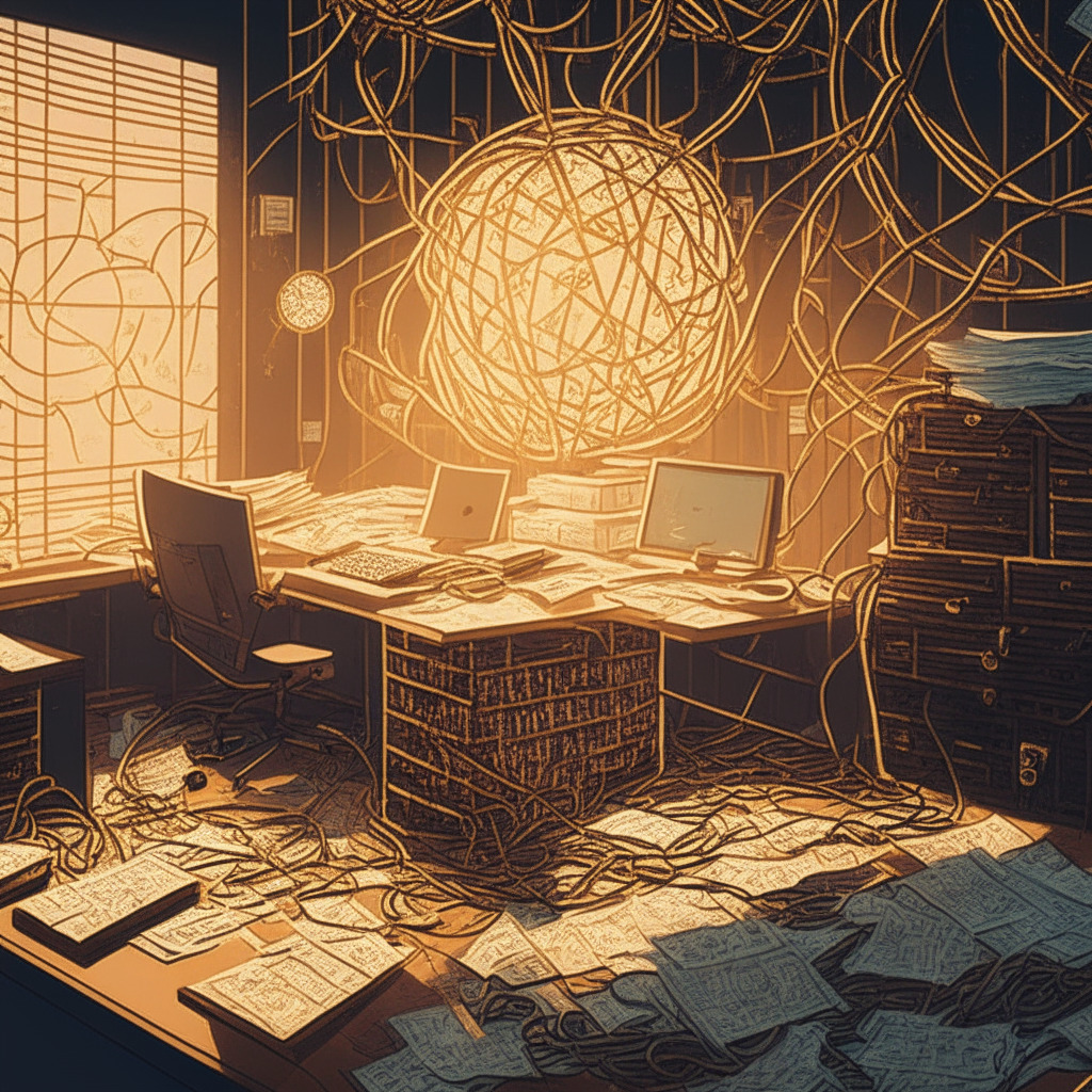 Retro-styled office space overwhelmed by a dense labyrinth of tangled wires, representing complex cryptocurrency accounting. Intricate webs cast long shadows upon financial documents scattered on a mahogany desk under warm, dim lighting, setting a mysterious mood. Golden coins inscribed with various crypto symbols balance precariously on ledgers, invoking a cautious approach. The background, fading into a hopeful sunrise, hints at the dawn of clear crypto regulations.