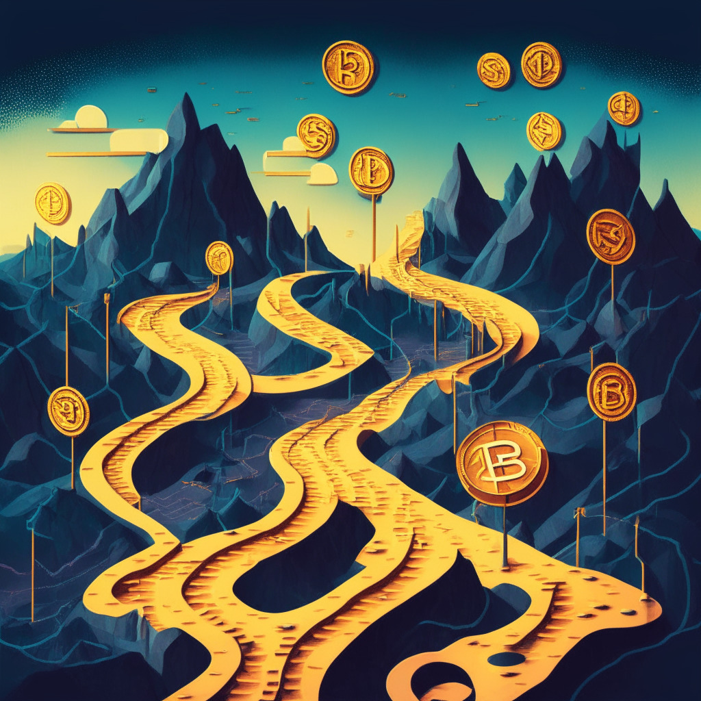 An abstract landscape that symbolizes the digital crypto market, a roller-coaster-like path with ascents and descents indicating highs and lows, set against a dusk backdrop, reflecting uncertainty. Highlight coins representing BTC, ETH, XRP, ADA with a slight mental clone style artistic rendering. Foreground shows mini coins symbolizing shitcoins and a small treasure box for crypto presales. The mood is adventurous yet with an evident layer of apprehension.