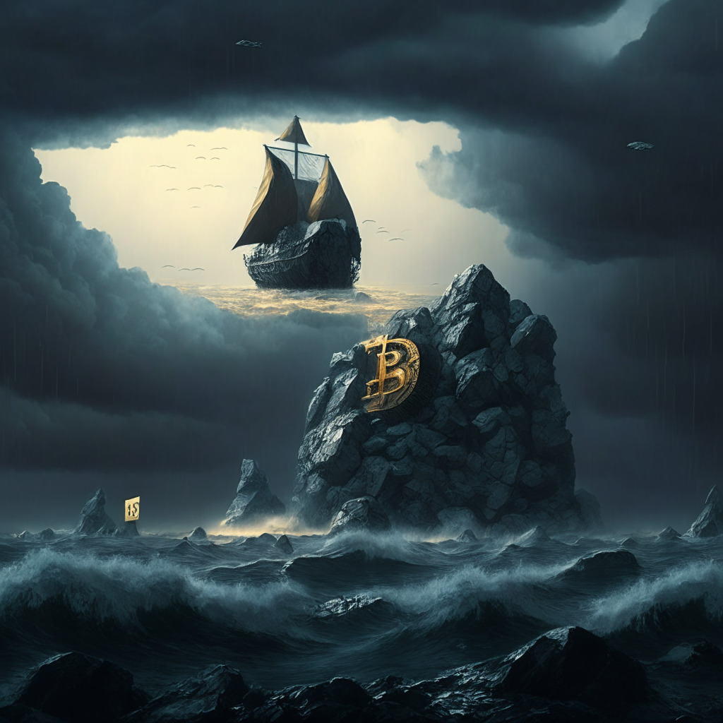 A murky financial landscape under a stormy sky, with a massive stone ship symbolizing Binance navigating turbulent waters. Regulatory structures loom ominously on the shores, radiating a conservative but accepting glow. Bitcoin and Ether coins sparkle in the bleak scene, indicating a restriction yet simultaneous acceptance. A backdrop of a dawning horizon emits an uncertain light, expressing hope amidst regulatory challenges.