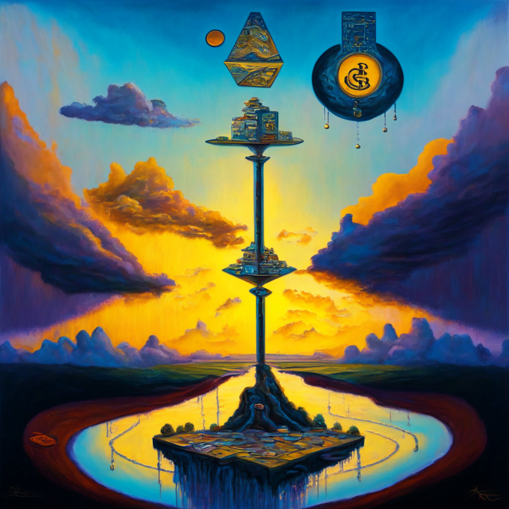 Surreal painting of a balance scale at sunset, one side carrying a towering structure representing increased cryptocurrency regulations, the other showcasing a vibrant, free-flowing stream symbolizing decentralization. The backdrop, a crypto-themed landscape, with cryptographic symbols etched in the sky alluding to its complexity, the painting style reminiscent of Salvador Dali's surrealist interpretations. The menacing storm clouds hint at an overbearing sense of caution and uncertainty, to portray the contentious issue at hand.