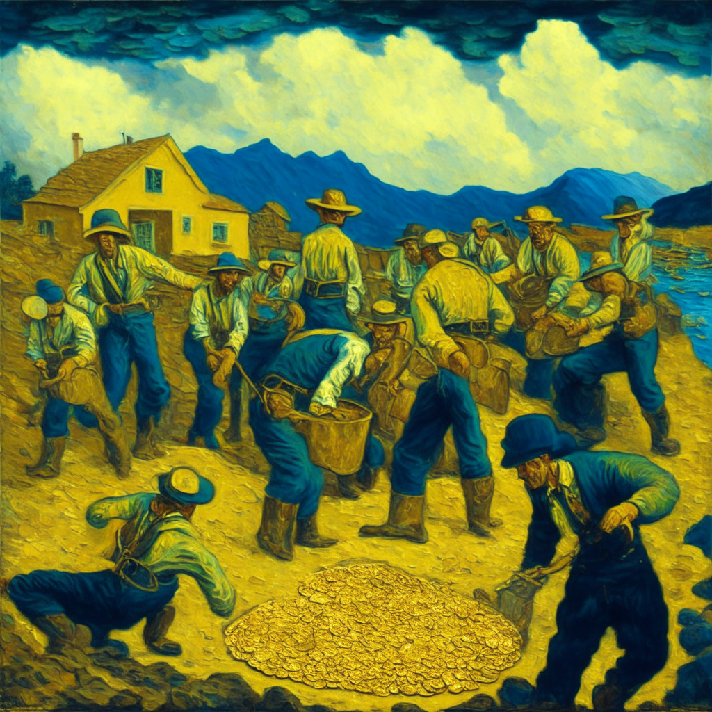 A mid-19th century gold rush scene, miners digging for gold replaced with contemporary figures mining for symbolic Bitcoins. Scene is depicted in a classic Van Gogh-style post-impressionistic painting on a cloudy day, conveying an air of excitement, potential, and caution. Incorporate elements of financial anxiety and euphoria, along with symbols of fleeting wealth.
