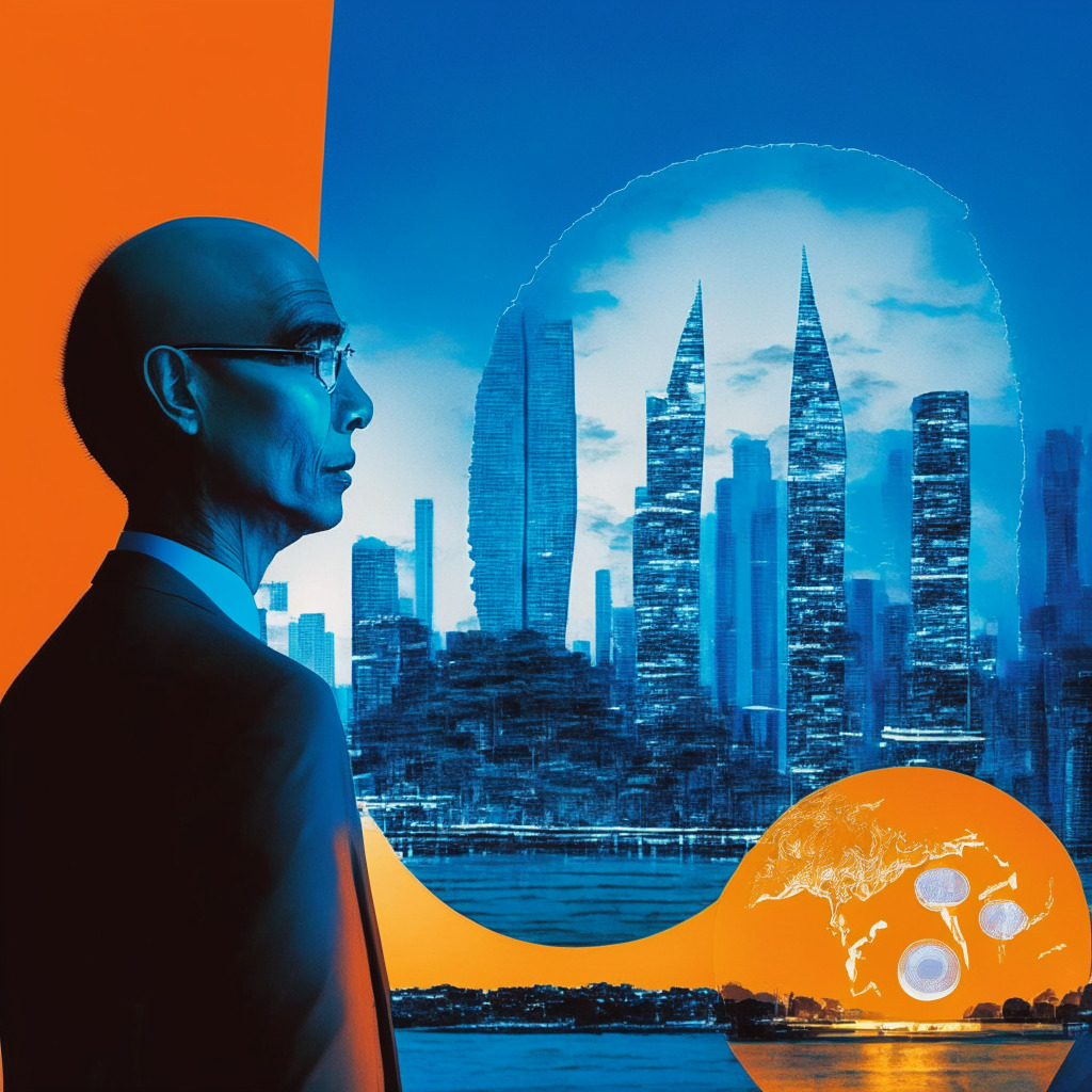 Singapore's cityscape under a blue-orange twilight sky, President Tharman Shanmugaratnam contemplating over a Cryptocurrency model adorned by glowing Bitcoin & Ethereum symbols. Aura of ambiguity, speculative whispers forming an elusive halo around him, mirroring his splitting ideology. Illumination draws attention to a balanced scale tipped with a regulatory document & a binary-coded globe, symbolizing a pivot towards controlled crypto. Mood is speculative, hopeful, with a modern, semi-abstract, Cubist style.